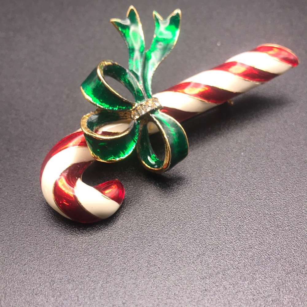 Vintage GERRY’S Christmas Candy Cane Enamel Brooch Pin Signed